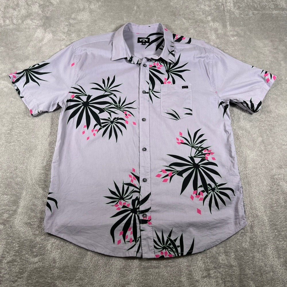 Billabong Button Up Shirt Mens Medium Gray Floral‎ Print Short Sleeve Casual